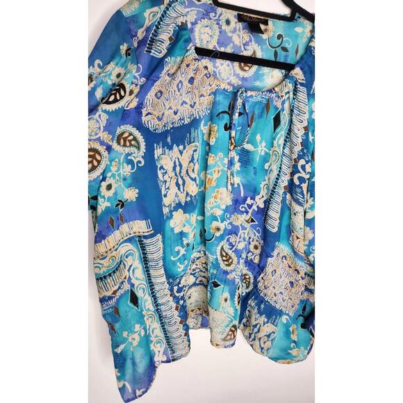 Ashley Stewart Shirt Womens Plus 22 Blue Teal Boho Paisley Peasant Top Blouse - Picture 3 of 6